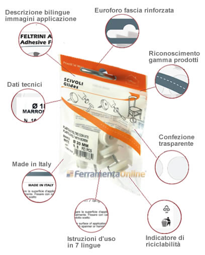 Dettagli confezione scivoli e feltrini