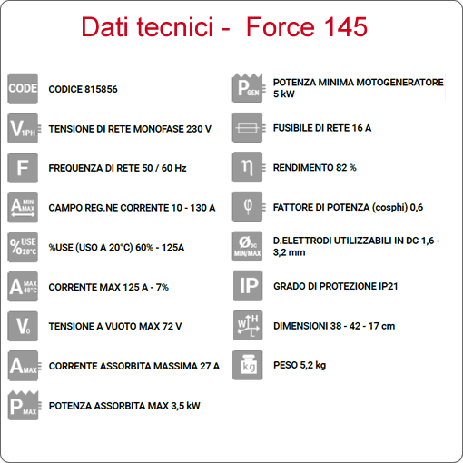 Scheda tecnica Saldatrice Force 145 ACX