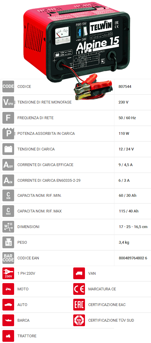 avviatore 15 e | Carica Telwin ALPINE 12-24V FerramentaOnline batterie