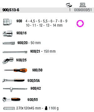 13 chiavi a bussola esagonali e 8 accessori