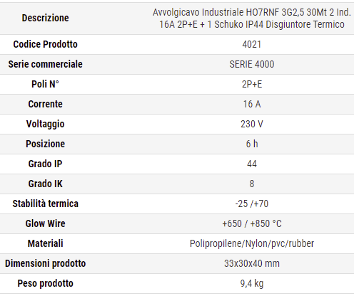 Dati tecnici avvolgicavo Rosi 4021